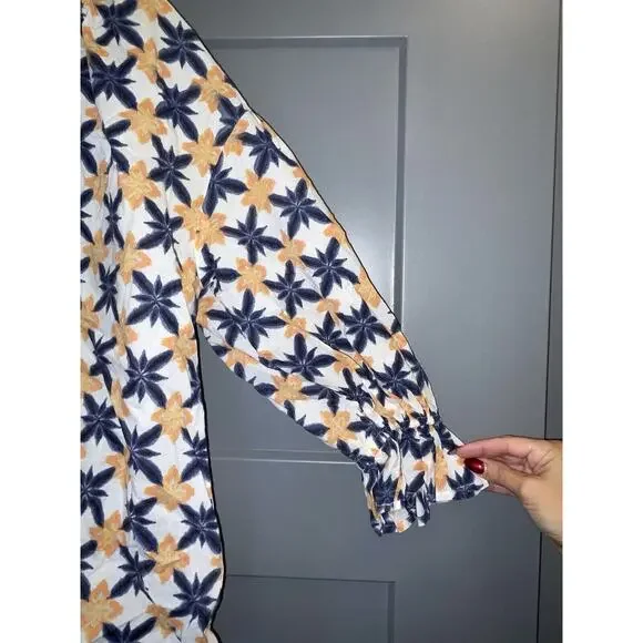 Ro's Garden Blue White Floral Lavinia Rachel Shirt Bell Cuff Block Cotton S - Picture 3 of 9